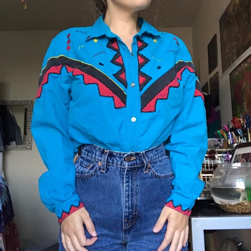 Vibrant Vintage Western Button-Up Neon Blue With Hot Pink and Yellow Details